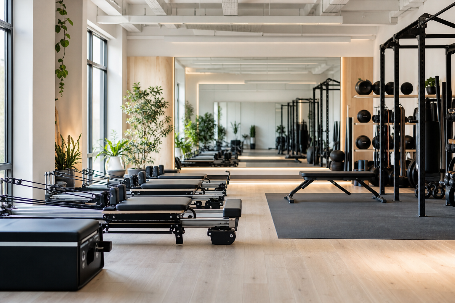 Estúdio moderno de pilates e fitness com equipamentos organizados