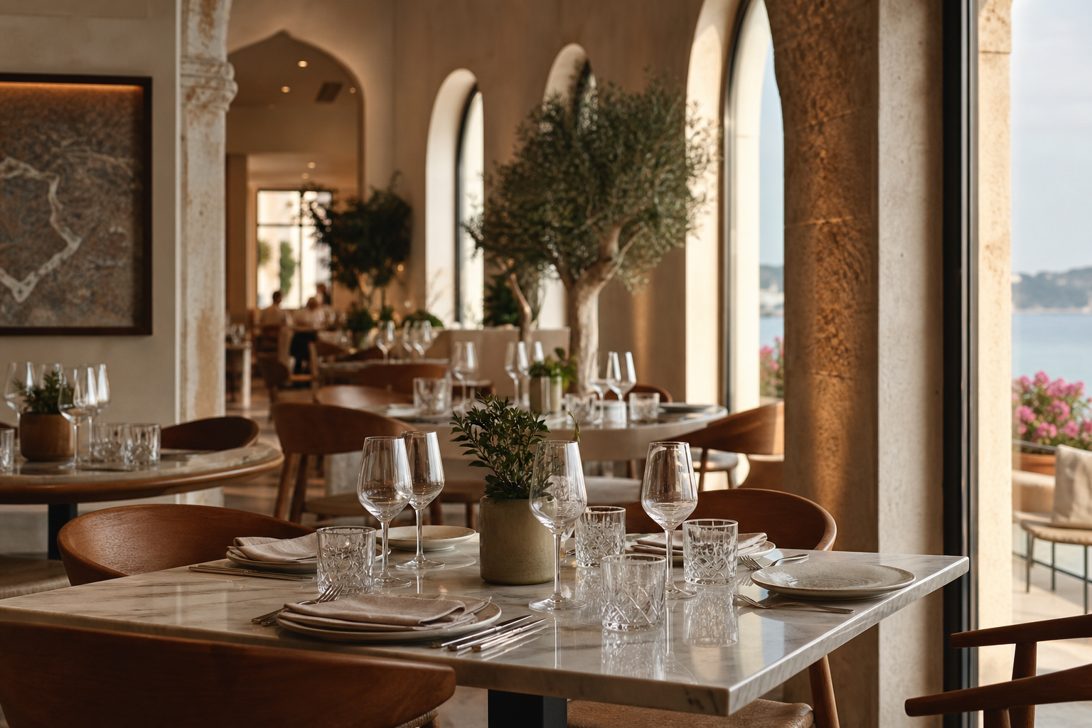Restaurante moderno com mesas preparadas junto a janelas amplas