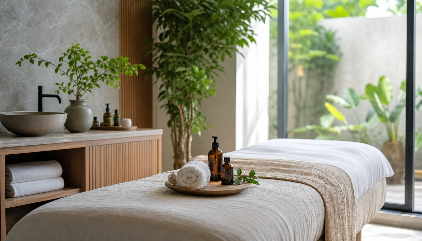 Sala de spa luminosa com marquesa, toalhas e plantas